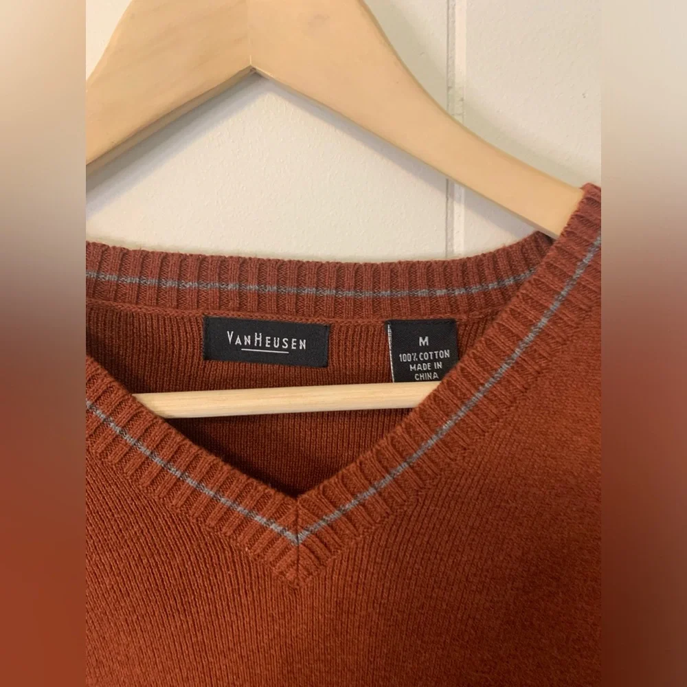 Van Heusen Cotton V Neck Burnt Orange Brown Sweater Size Medium